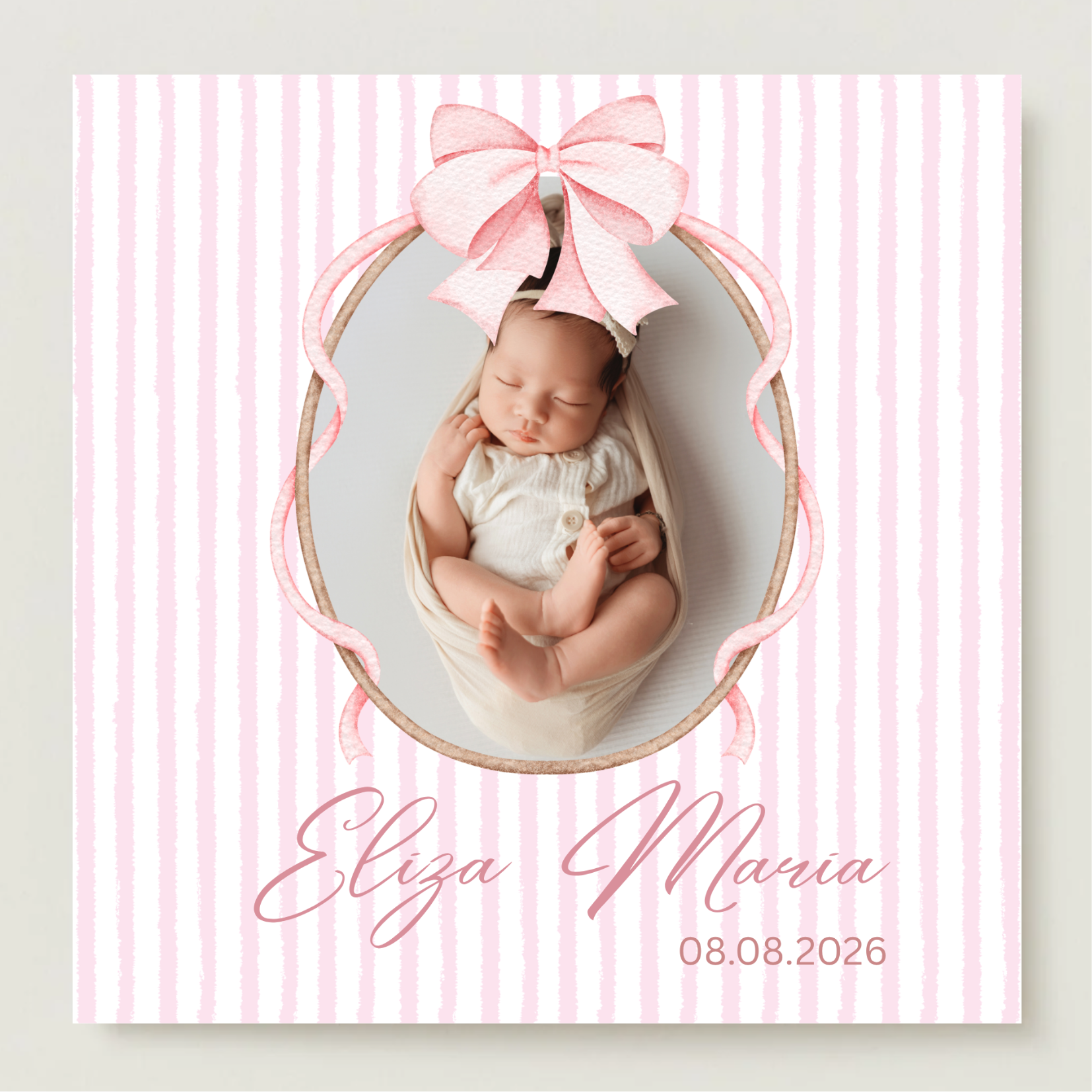 mărturie botez magnet 8x8 cm "fundița roz elegance" – cu fotografie, carton suport și folie transparentă