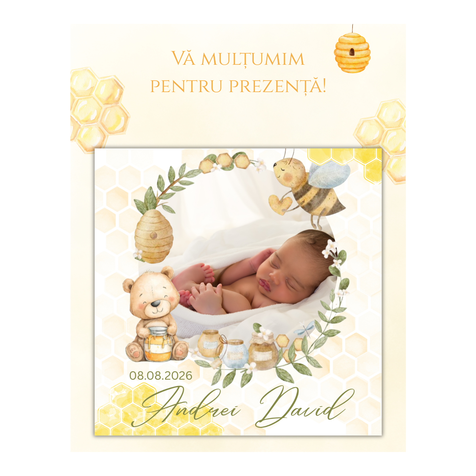 mărturie botez magnet 8x8 cm "ursulețul cu miere" – cu fotografie, carton suport și folie transparentă