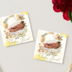 mărturie botez magnet 8x8 cm "ursulețul cu miere" – cu fotografie, carton suport și folie transparentă