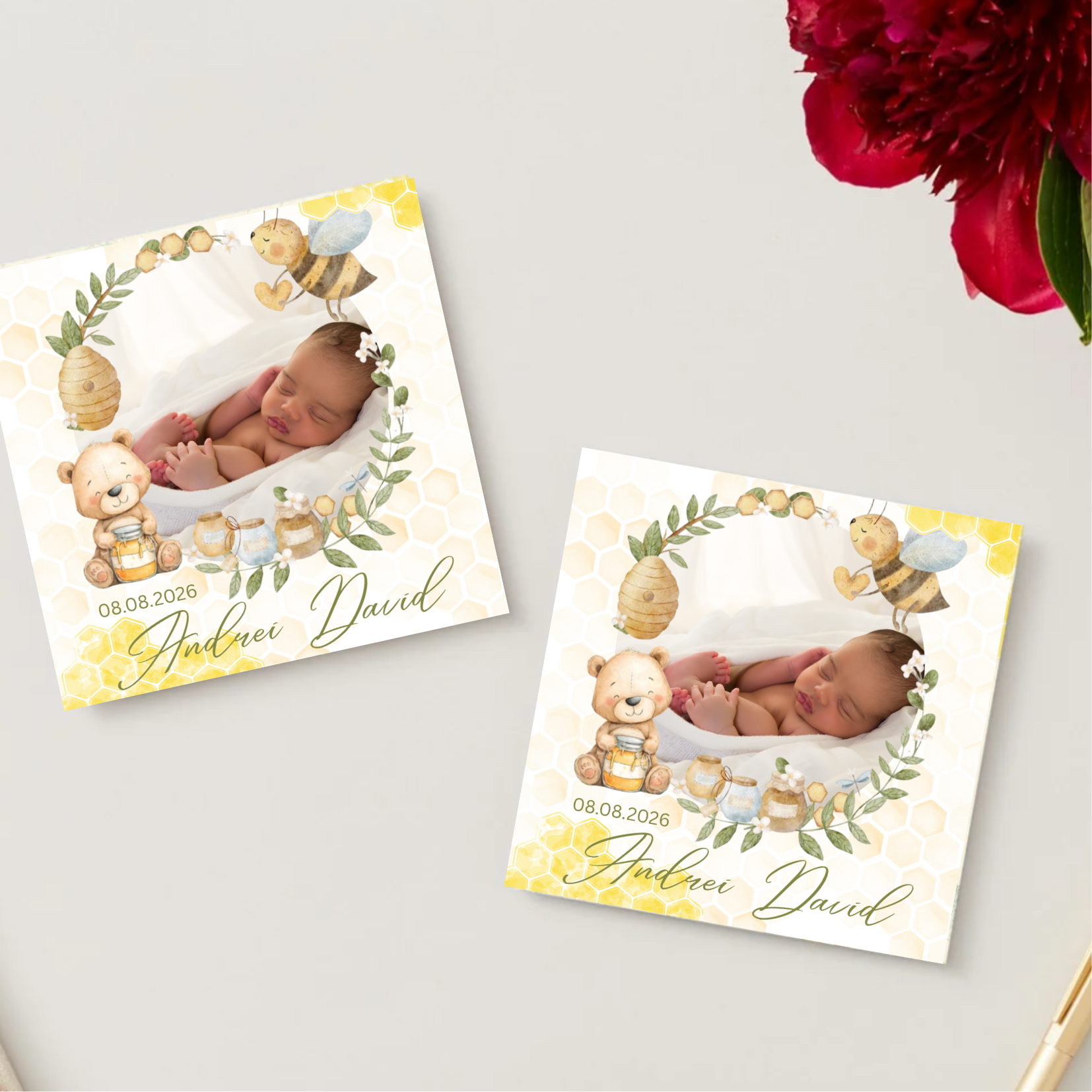 mărturie botez magnet 8x8 cm "ursulețul cu miere" – cu fotografie, carton suport și folie transparentă