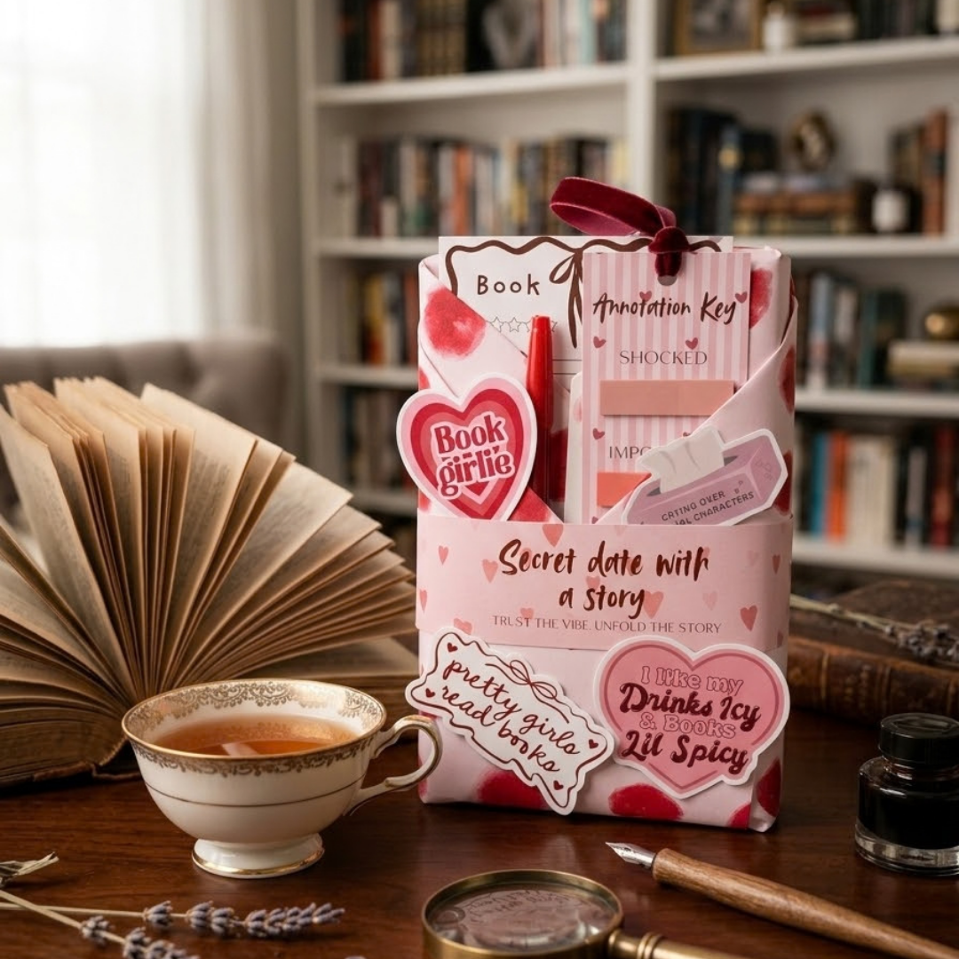 blind date with a book pachet cadou cu carte surpriză, sticky notes și accesorii de adnotat