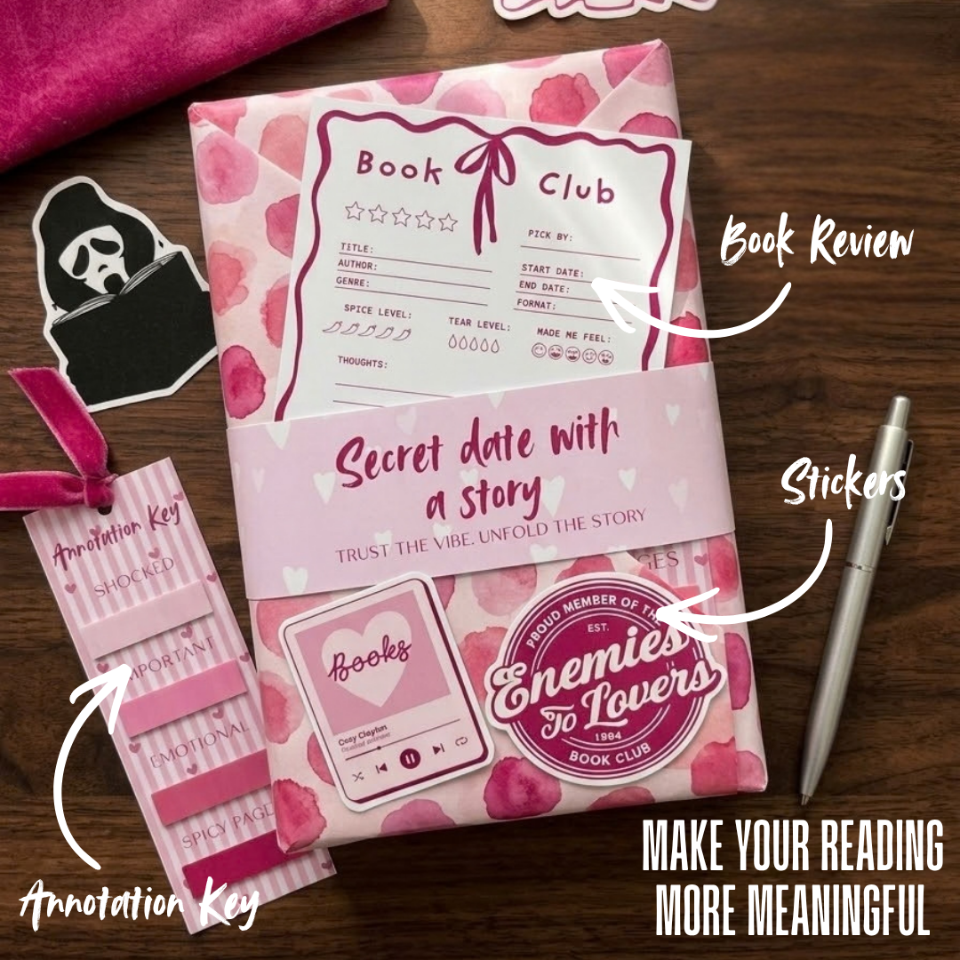 blind date with a book pachet cadou cu carte surpriză, sticky notes și accesorii de adnotat