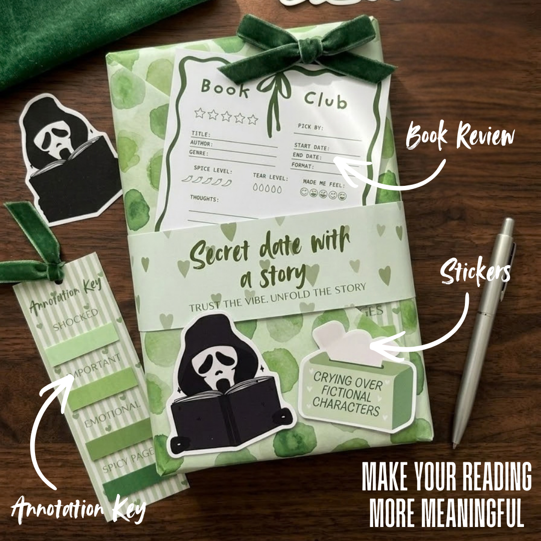 blind date with a book pachet cadou cu carte surpriză, sticky notes și accesorii de adnotat