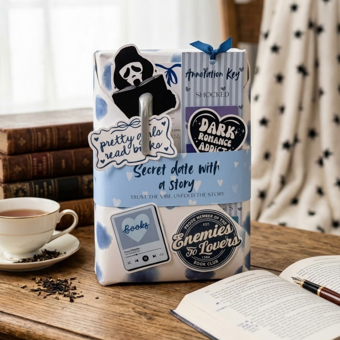 blind date with a book pachet cadou cu carte surpriză, sticky notes și accesorii de adnotat